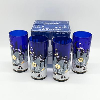 NORITAKE ~ â€˜Twas The Night Before Christmas ~ Set Of Four (4) Cobalt Blue Hiball Glasses
