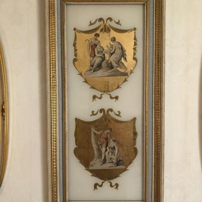 LOT 8M: Pair of MCM Hollywood Regency Wall Hangings & Framed Art Print