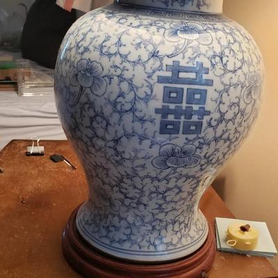 Large blue and white ginger jar lamp