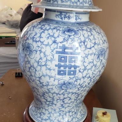 Large blue and white ginger jar lamp