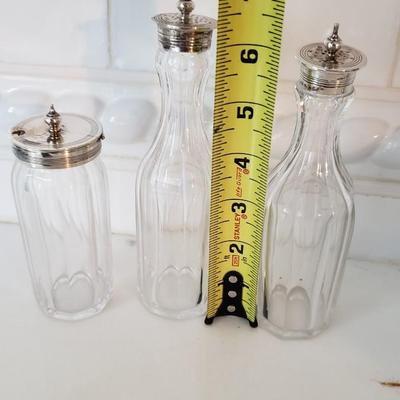 3 small glass jars, silverplate lids