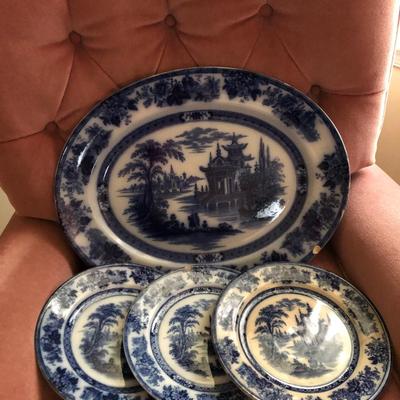 Doulton Burslem Madres Flow Blue Large Platter & Plates