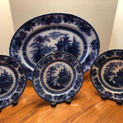 Doulton Burslem Madres Flow Blue Large Platter & Plates