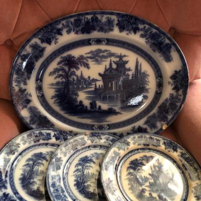 Doulton Burslem Madres Flow Blue Large Platter & Plates
