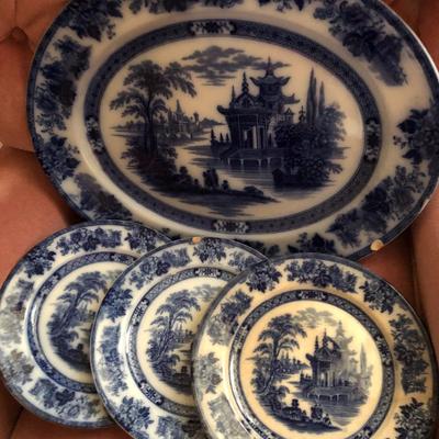 Doulton Burslem Madres Flow Blue Large Platter & Plates