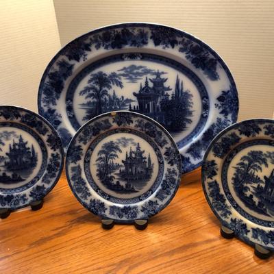 Doulton Burslem Madres Flow Blue Large Platter & Plates