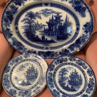 Doulton Burslem Madres Flow Blue Large Platter & Plates