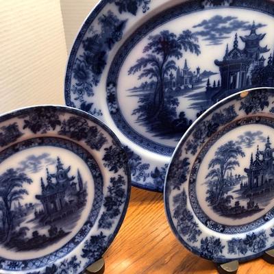 Doulton Burslem Madres Flow Blue Large Platter & Plates
