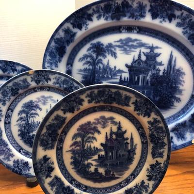 Doulton Burslem Madres Flow Blue Large Platter & Plates