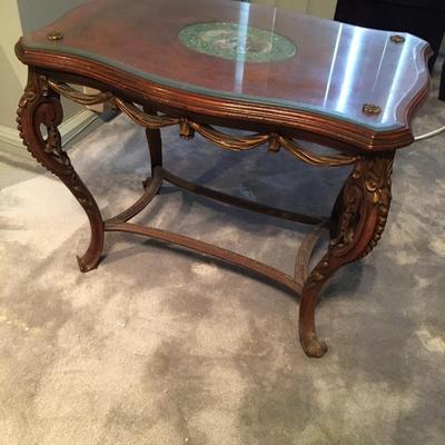 Antique table with Scene insert under glass overlay