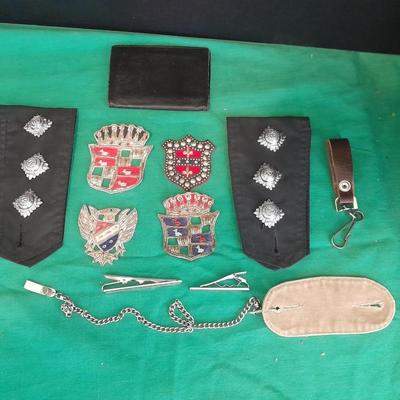 A pair of Epaulets , Tie clips, Pocket watch chain, Wallet, Vintage beaded Patches and more