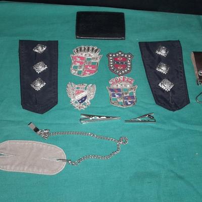 A pair of Epaulets , Tie clips, Pocket watch chain, Wallet, Vintage beaded Patches and more