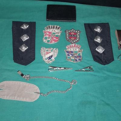 A pair of Epaulets , Tie clips, Pocket watch chain, Wallet, Vintage beaded Patches and more