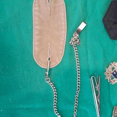 A pair of Epaulets , Tie clips, Pocket watch chain, Wallet, Vintage beaded Patches and more