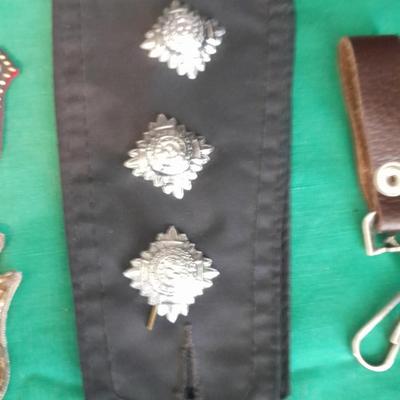 A pair of Epaulets , Tie clips, Pocket watch chain, Wallet, Vintage beaded Patches and more