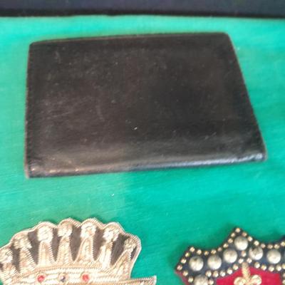 A pair of Epaulets , Tie clips, Pocket watch chain, Wallet, Vintage beaded Patches and more