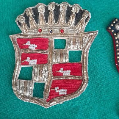 A pair of Epaulets , Tie clips, Pocket watch chain, Wallet, Vintage beaded Patches and more