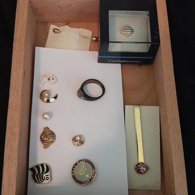 Wooden box with Lapel pins, and other assorted Jewelry