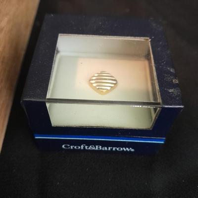 Wooden box with Lapel pins, and other assorted Jewelry