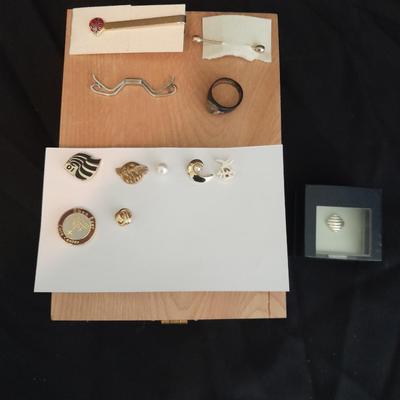 Wooden box with Lapel pins, and other assorted Jewelry