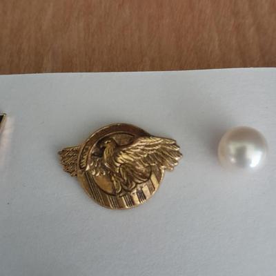 Wooden box with Lapel pins, and other assorted Jewelry