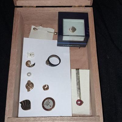 Wooden box with Lapel pins, and other assorted Jewelry