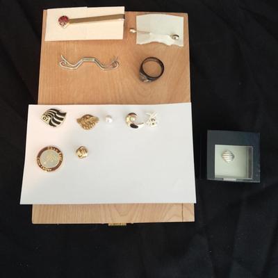 Wooden box with Lapel pins, and other assorted Jewelry
