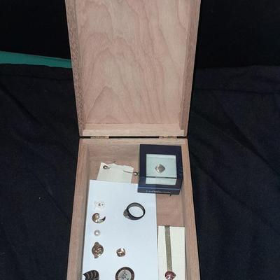 Wooden box with Lapel pins, and other assorted Jewelry