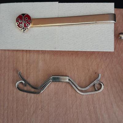 Wooden box with Lapel pins, and other assorted Jewelry