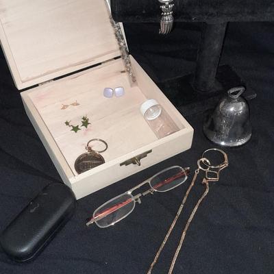 Ladie's Premier Designs watch, Watch chain, and more in a small wooden box