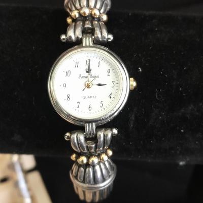 Ladie's Premier Designs watch, Watch chain, and more in a small wooden box