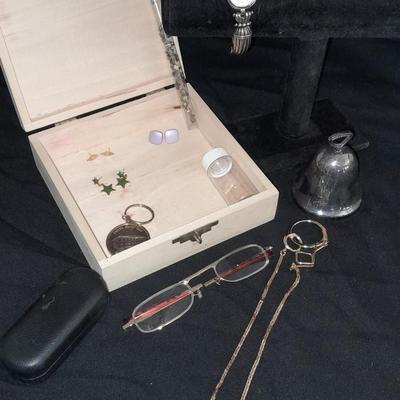 Ladie's Premier Designs watch, Watch chain, and more in a small wooden box