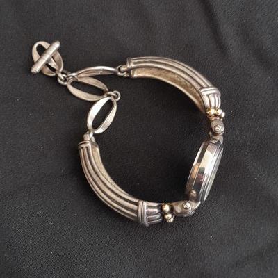 Ladie's Premier Designs watch, Watch chain, and more in a small wooden box