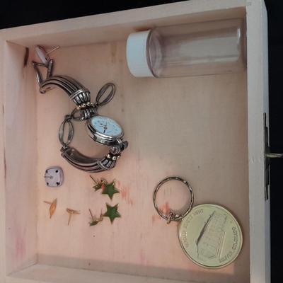 Ladie's Premier Designs watch, Watch chain, and more in a small wooden box