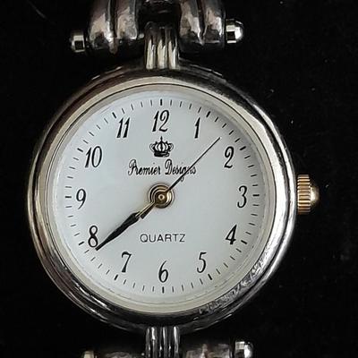 Ladie's Premier Designs watch, Watch chain, and more in a small wooden box