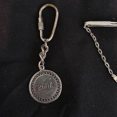 Mid century mens jewelrywo vintage tie chain initial W/ tie clips and a Datsun keychain