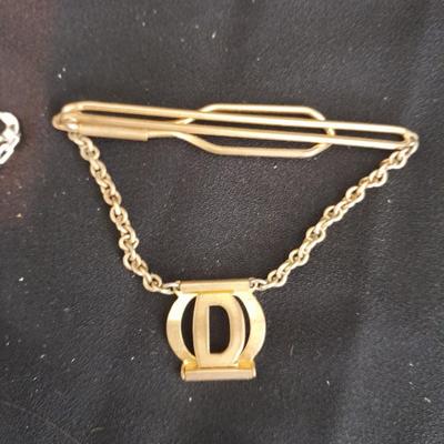 Mid century mens jewelrywo vintage tie chain initial W/ tie clips and a Datsun keychain