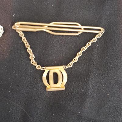Mid century mens jewelrywo vintage tie chain initial W/ tie clips and a Datsun keychain