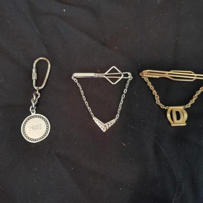 Mid century mens jewelrywo vintage tie chain initial W/ tie clips and a Datsun keychain