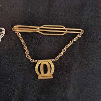 Mid century mens jewelrywo vintage tie chain initial W/ tie clips and a Datsun keychain
