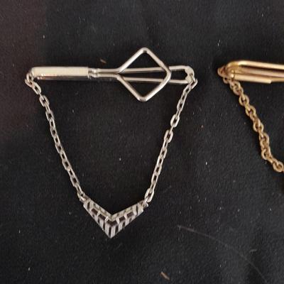 Mid century mens jewelrywo vintage tie chain initial W/ tie clips and a Datsun keychain