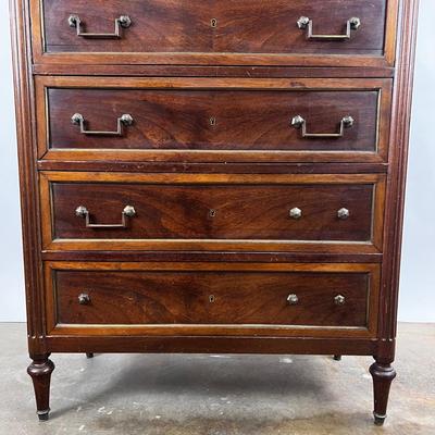 1321 Antique French Directoire Style Marble Top Brass High Chest Dresser