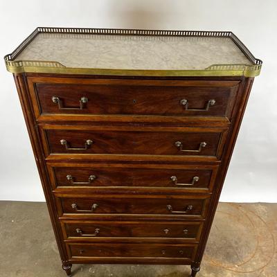 1321 Antique French Directoire Style Marble Top Brass High Chest Dresser