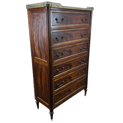 1321 Antique French Directoire Style Marble Top Brass High Chest Dresser