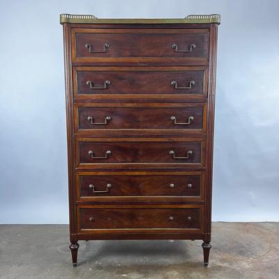 1321 Antique French Directoire Style Marble Top Brass High Chest Dresser