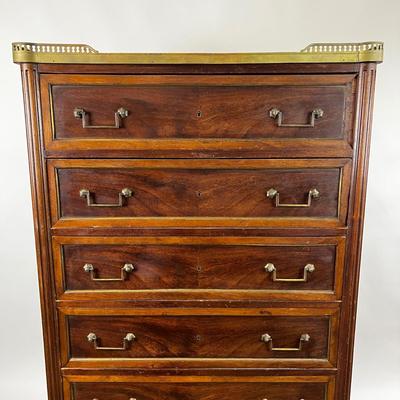 1321 Antique French Directoire Style Marble Top Brass High Chest Dresser