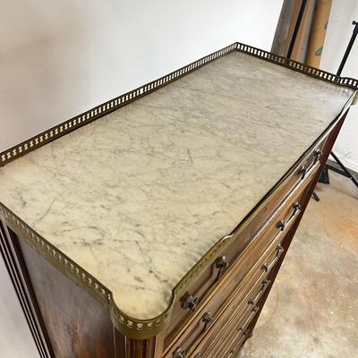 1321 Antique French Directoire Style Marble Top Brass High Chest Dresser