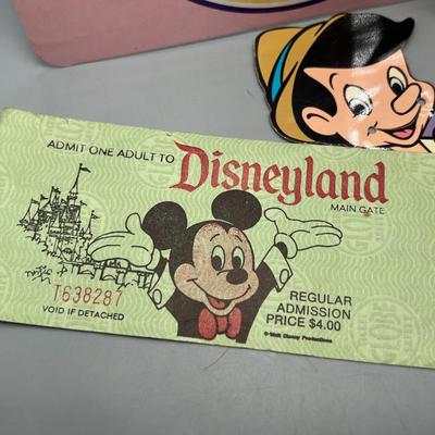 Rare Vintage Opening Day Disneyland Postcard 1955 with fence jumper statement plus other Disney items button ticket keychain