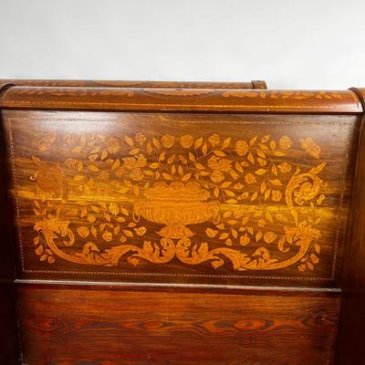 1326 Antique Dutch Marquetry Inlay Twin Size Sleigh Bed Frame