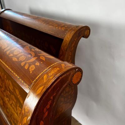 1326 Antique Dutch Marquetry Inlay Twin Size Sleigh Bed Frame